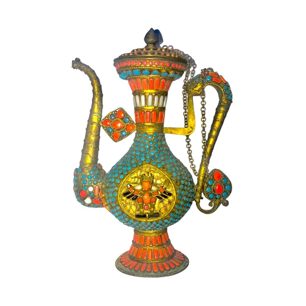 Antique lovers: Tibet China Tea Pot & 2 cup set with TRUE ONYX CORAL TURQUOISE